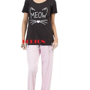 Meow Printed Black Night Suit for Females