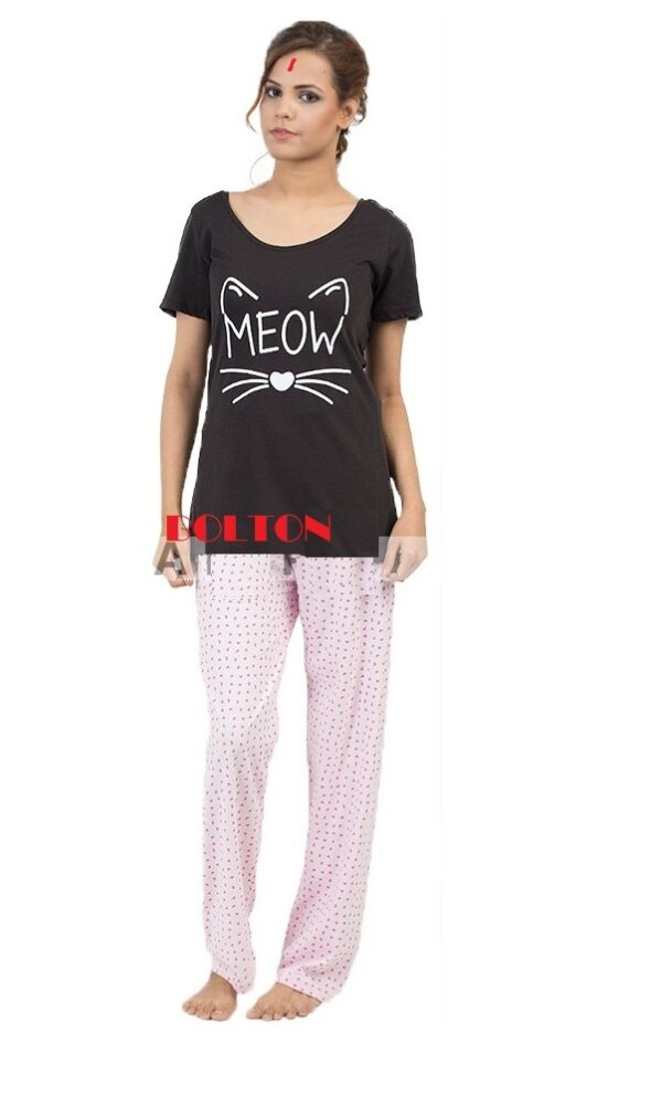 Meow Printed Black Night Suit for Females