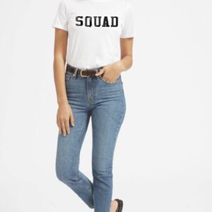 Sqaud Printed White Cotton Female T-Shirt for Women