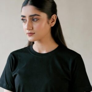 Black Polyester Cotton Half Sleeves T-Shirt for Women