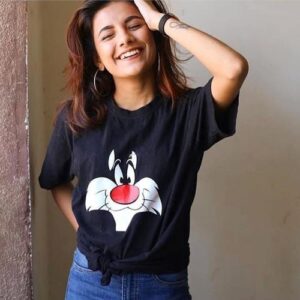Cartoon Printed Black Cotton T-Shirt for Girls