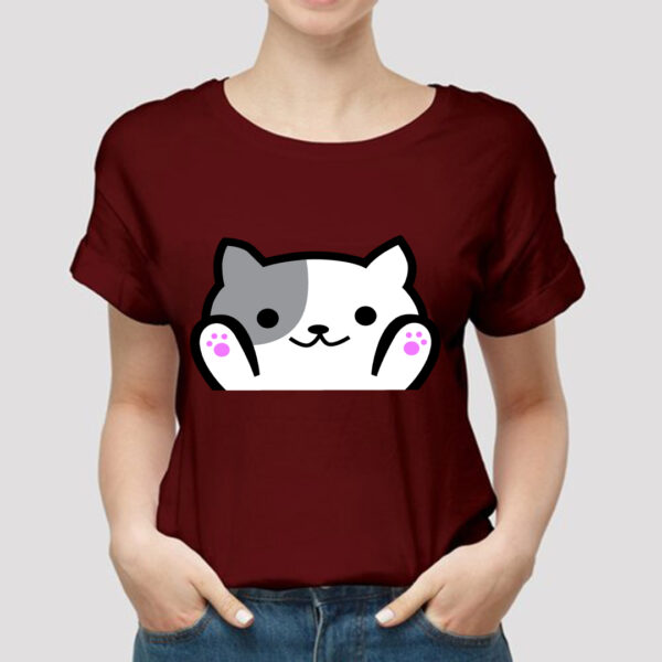 Maroon Cat Cartoon Printed T-Shirt for Girls