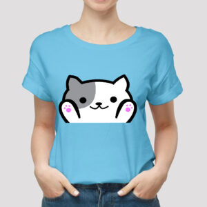 Light Blue Cat Cartoon Printed T-Shirt for Girls