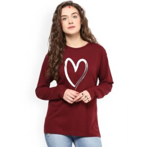 Heart printed full sleeves t-shirt for women Maroon