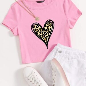 Leopard Heart printed Pink t shirt for Women and Girls