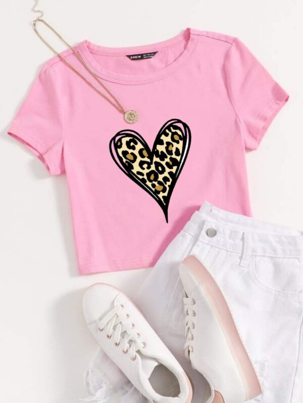 Leopard Heart printed Pink t shirt for Women and Girls