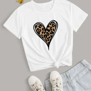 Leopard Heart printed White t shirt for Women and Girls