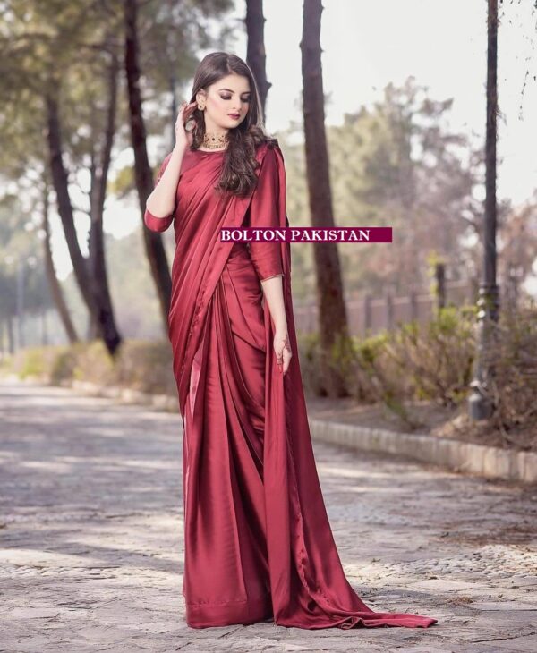 Maroon Satin Silk Saree for Women and Girls - Image 3