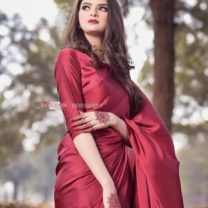 Maroon Satin Silk Saree for Women and Girls