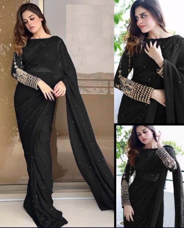 Black Sleeves Embroidery Blouse With Petticoat And Pearls Attached Saree