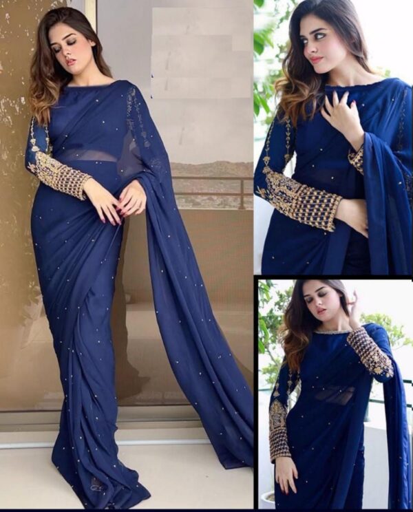 Navy Blue Sleeves Embroidery Blouse With Petticoat And Pearls Attached Saree