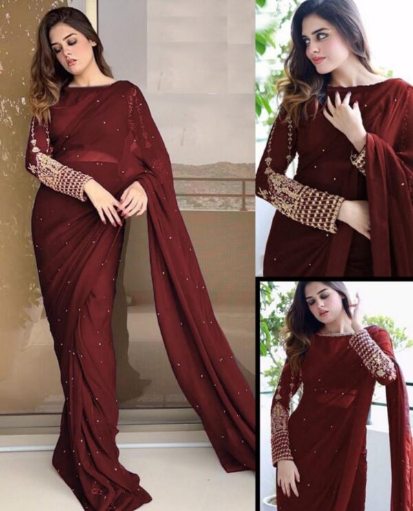 Maroon Sleeves Embroidery Blouse With Petticoat And Pearls Attached Saree