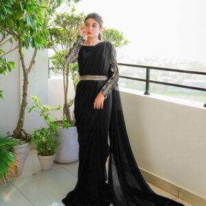 Sleeves Handwork Embroidery Saree With Belt for girls