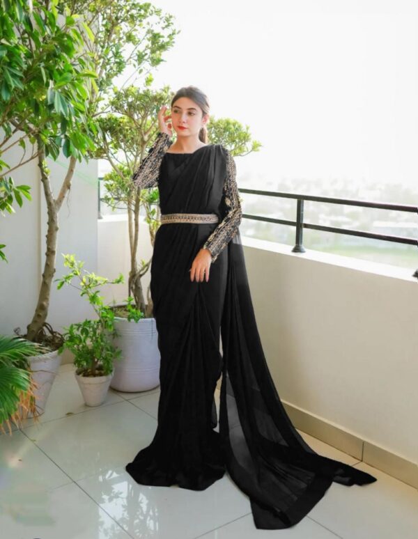 Sleeves Handwork Embroidery Saree With Belt for girls