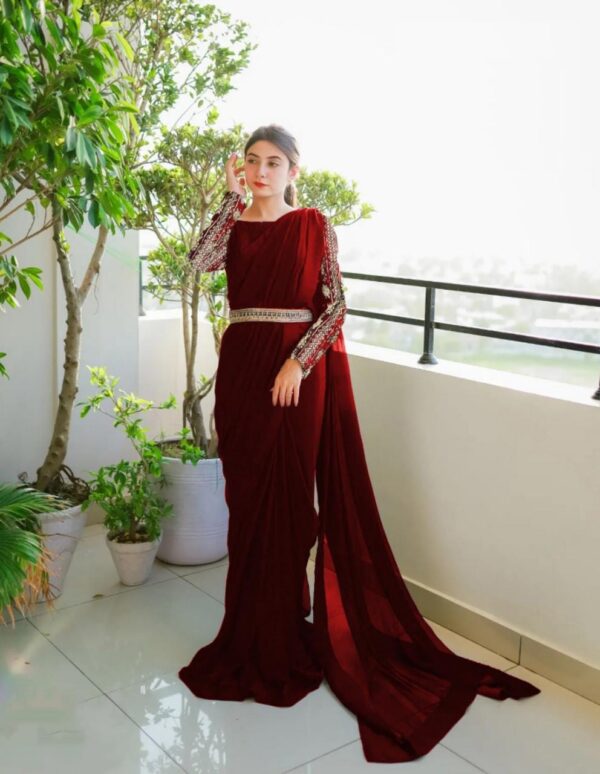 Sleeves Handwork Embroidery Saree With Belt for girls
