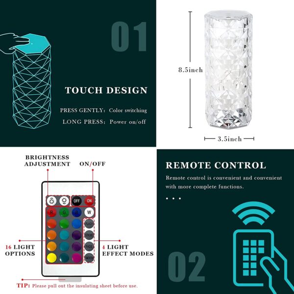 Crystal Diamond Table Lamp16 Color Changing Touch Control - Image 3