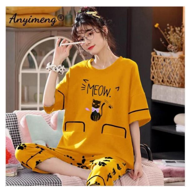Meow Yellow Night Suit for Girls and Women