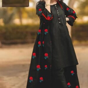 Flower Embroidery Gown With Sleeves Neck Lace 3 pcs