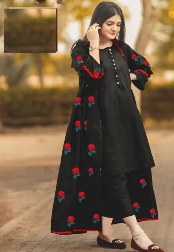 Flower Embroidery Gown With Sleeves Neck Lace 3 pcs