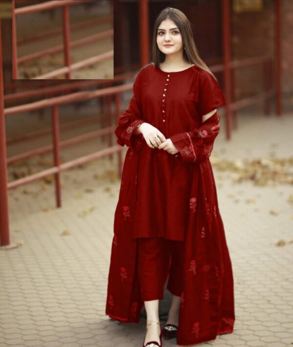 Flower Embroidery Gown With Sleeves Neck Lace 3 pcs - Image 3