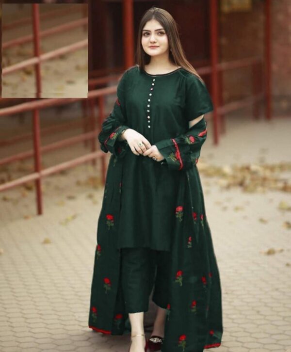 Flower Embroidery Gown With Sleeves Neck Lace 3 pcs - Image 4