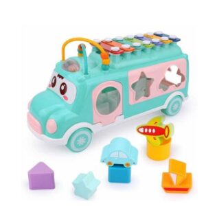 Plastic Musical Bus Toy with Xylophone & Shape Sorter Push & Pull Toys for Kid