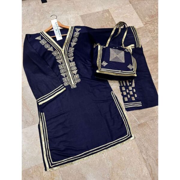 Cotton 3Pcs With Bag Arrival
Neck, Bottom Trouser Embroidered With Lace Work Shirt And Emb & Lace Work Bag - Image 11