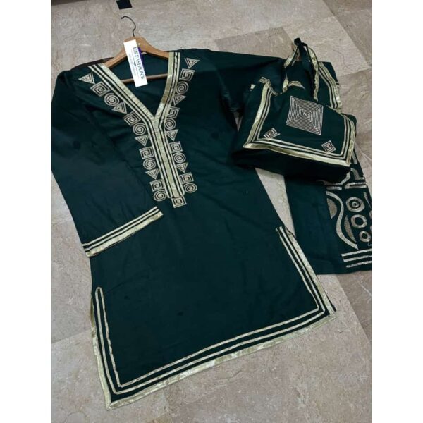 Cotton 3Pcs With Bag Arrival
Neck, Bottom Trouser Embroidered With Lace Work Shirt And Emb & Lace Work Bag - Image 10
