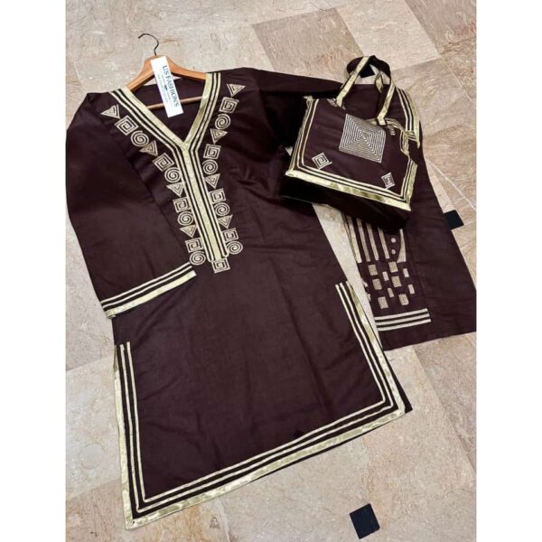 Cotton 3Pcs With Bag Arrival
Neck, Bottom Trouser Embroidered With Lace Work Shirt And Emb & Lace Work Bag - Image 9