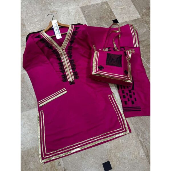Cotton 3Pcs With Bag Arrival
Neck, Bottom Trouser Embroidered With Lace Work Shirt And Emb & Lace Work Bag - Image 13