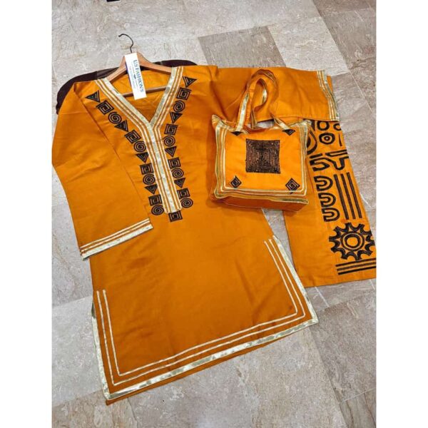 Cotton 3Pcs With Bag Arrival
Neck, Bottom Trouser Embroidered With Lace Work Shirt And Emb & Lace Work Bag - Image 7