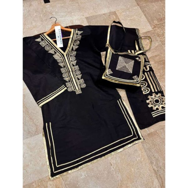 Cotton 3Pcs With Bag Arrival
Neck, Bottom Trouser Embroidered With Lace Work Shirt And Emb & Lace Work Bag - Image 8