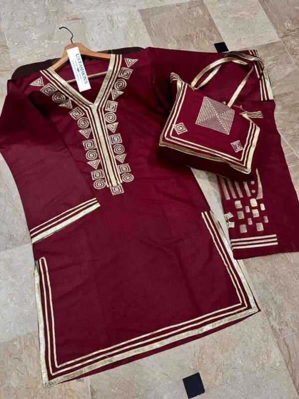 Cotton 3Pcs With Bag Arrival
Neck, Bottom Trouser Embroidered With Lace Work Shirt And Emb & Lace Work Bag - Image 12