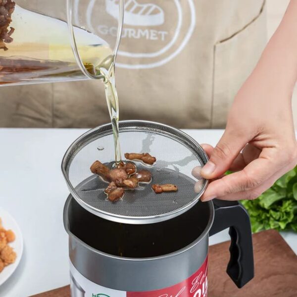Easy Kitchen Oil Filter Pot Oil Strainer Pot Stainless Steel Grease Strainer Oil Storage Pot Oil Container with Filter Dust Lid Non slip Handle for Frying Oil and Cooking Grease