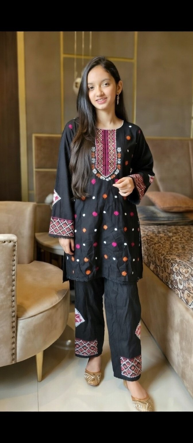 Black Embroidered 2 PC Stitched Shalwar Kameez Suit for Girls