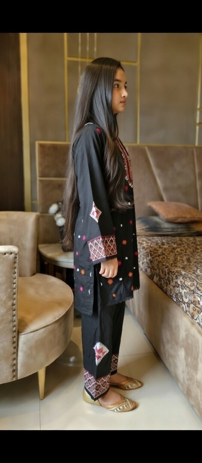Black Embroidered 2 PC Stitched Shalwar Kameez Suit for Girls - Image 2
