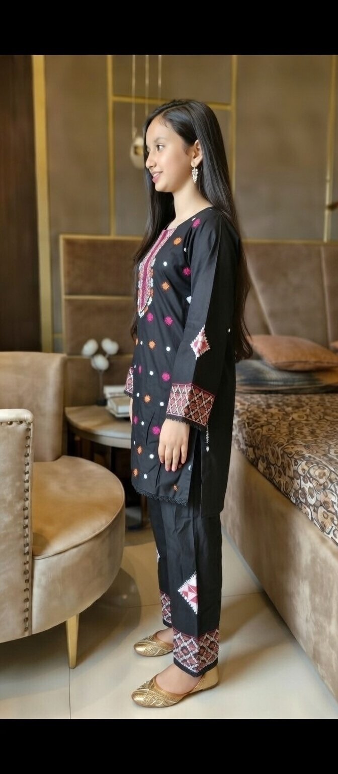 Black Embroidered 2 PC Stitched Shalwar Kameez Suit for Girls - Image 3