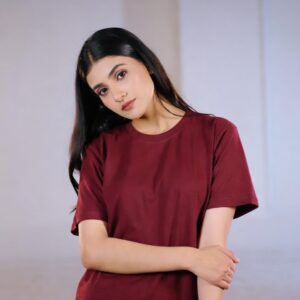 Maroon Plain Half Sleeves t-shirt for Women