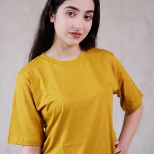 Plain Mustard Polyester Cotton Half Sleeves T shirt for Women